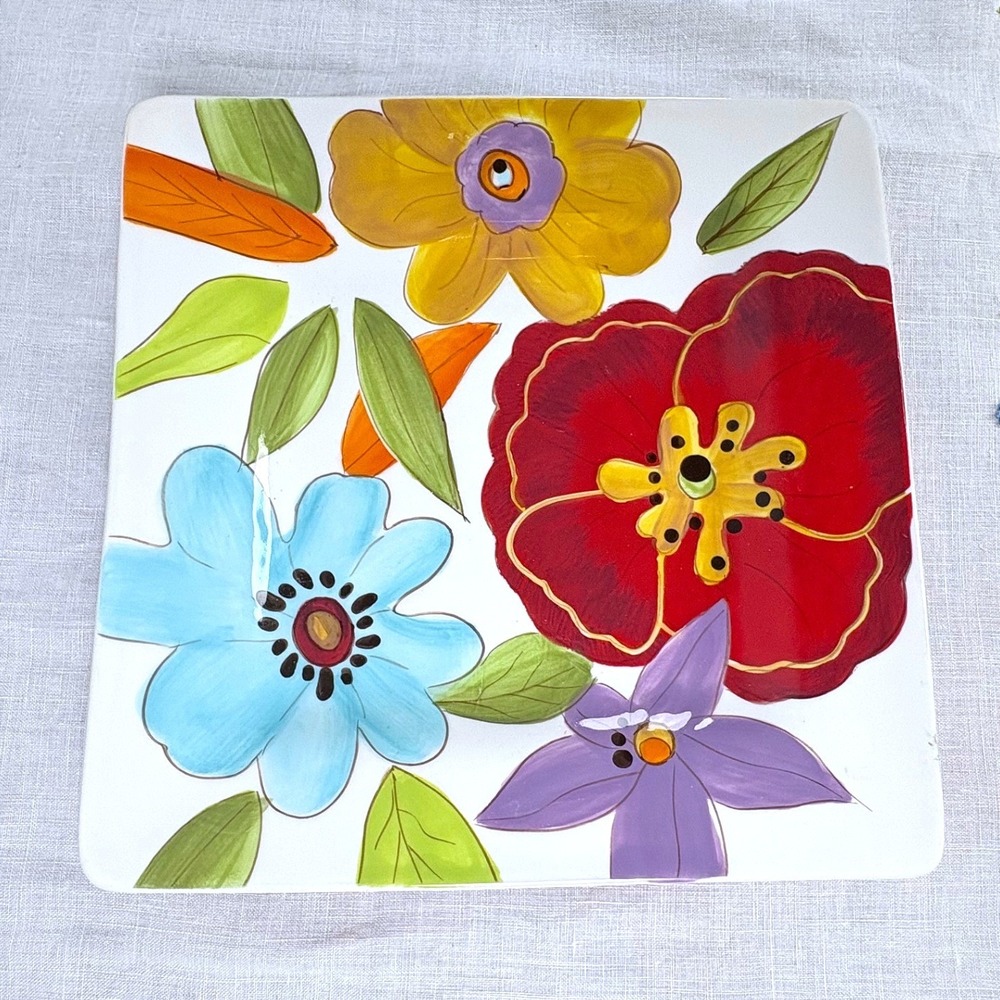 Laurie Gates Liza Square Floral Dinner Plate Red Blue Yellow Ceramic Plate